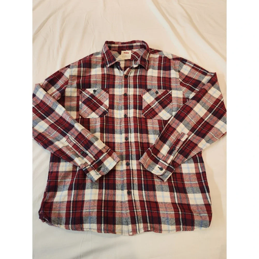 Levis Mens Red‎ White Blue Plaid Flannel Button Down Shirt XL Long Sleeve Casual
